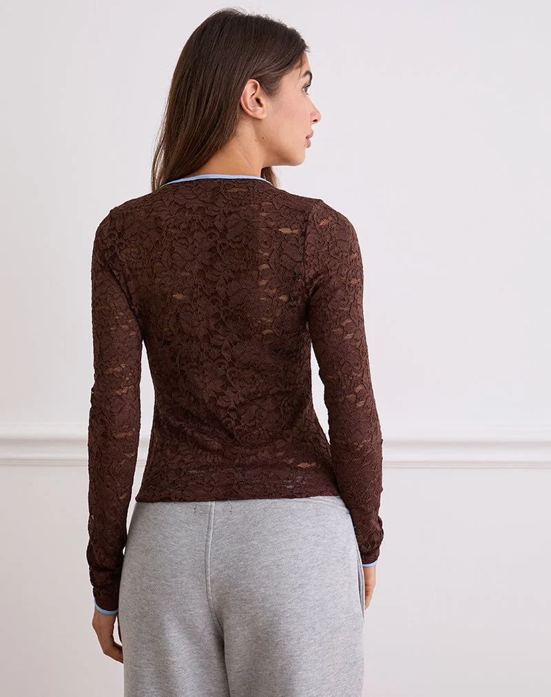 Abon Langarm-Top aus Spitze in Braun mit blauem Einfassband