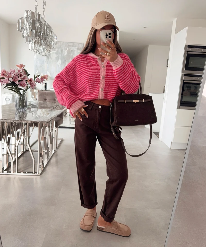 Cardigan Nero Streifen Rot Pink