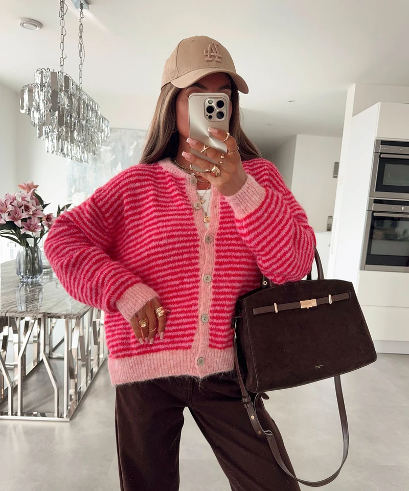 Cardigan Nero Streifen Rot Pink