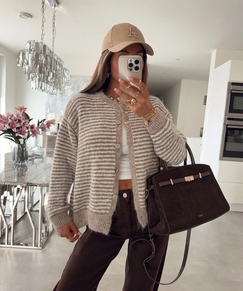 Cardigan Nero Streifen Taupe