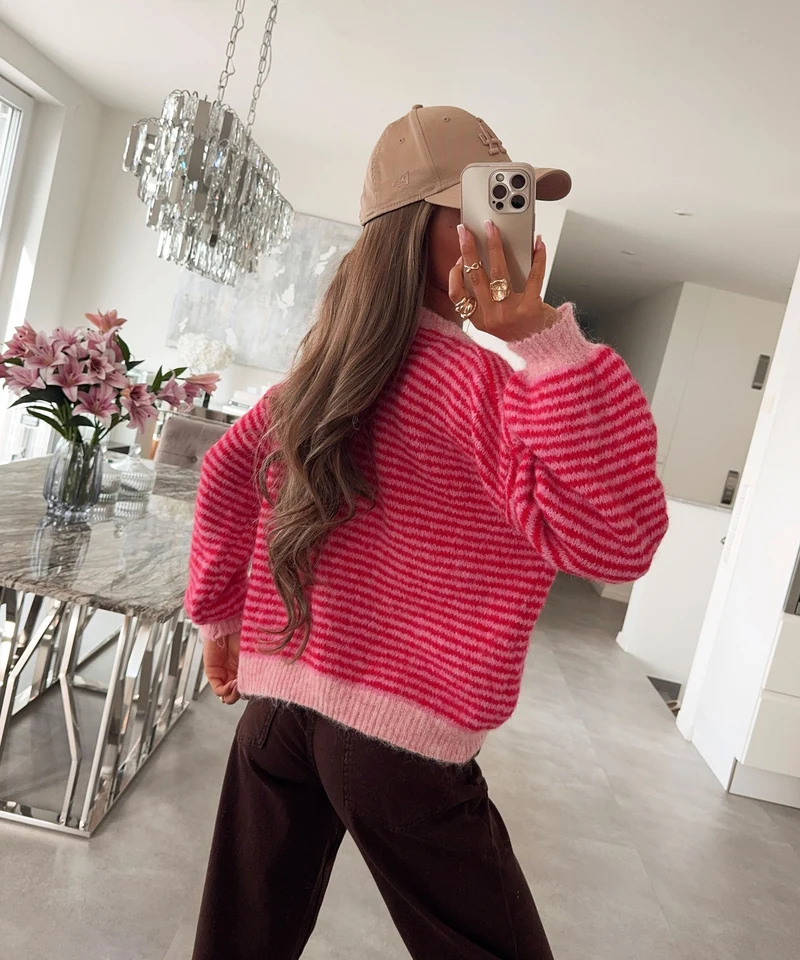 Strickpullover Nero Streifen Rot Rosa