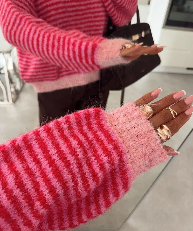 Strickpullover Nero Streifen Rot Rosa
