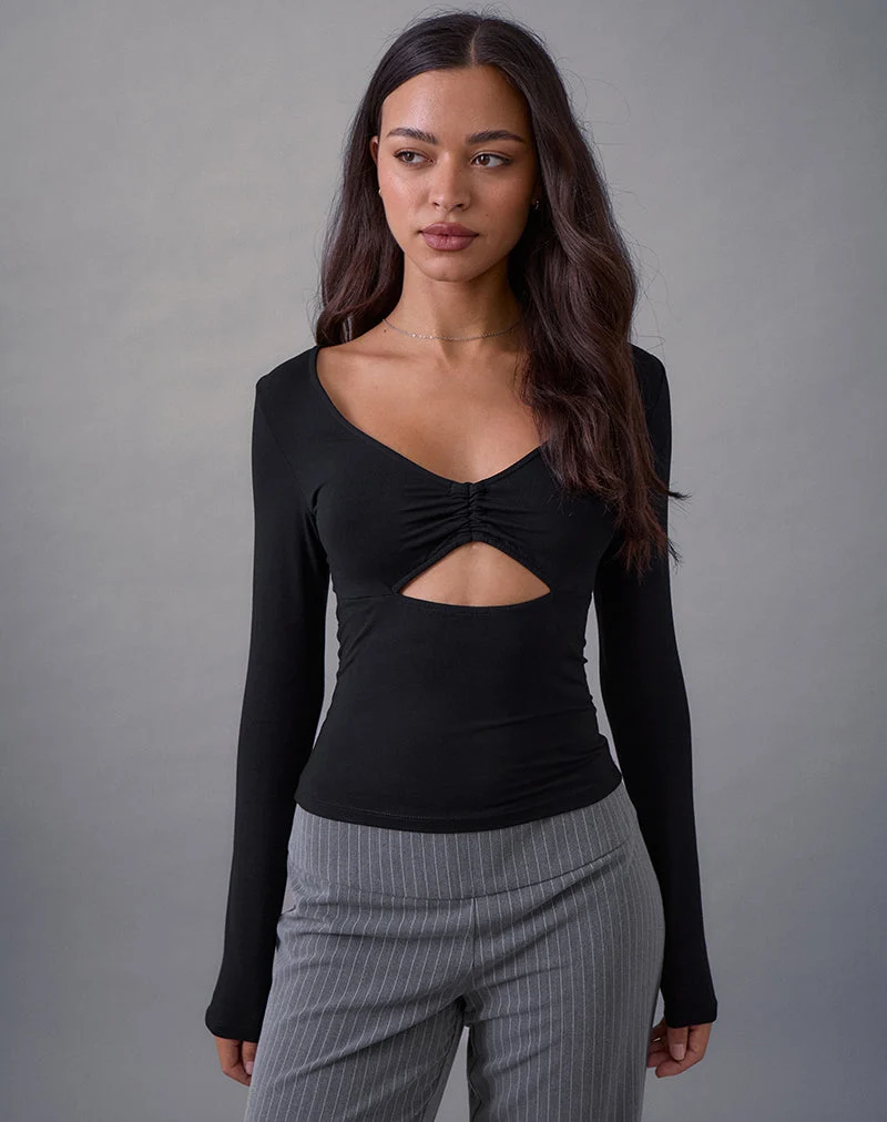 Nyala Langärmeliges Top mit Ausschnitt aus Rayon Jersey Schwarz