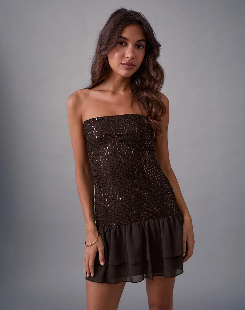 Tinosa Korsettkleid mit Rüschen und Pailletten in Braun