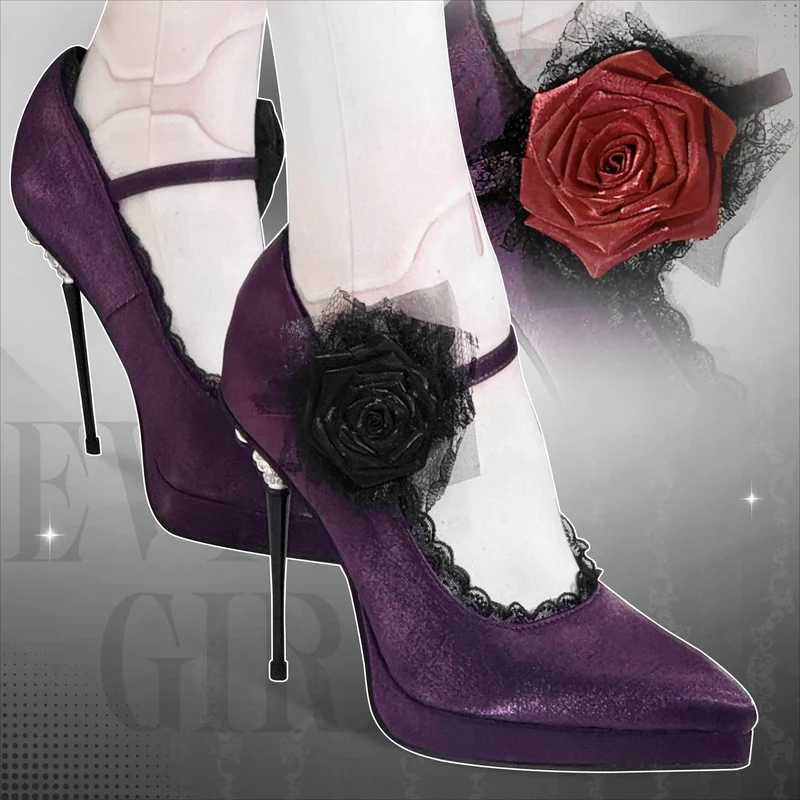 Gothic-Plateau-Stilettos für Damen mit Rosen-Spitzenbesatz und Knöchelriemen