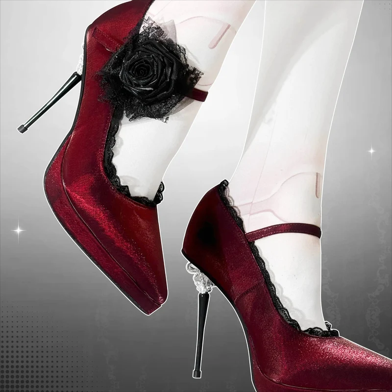 Gothic-Plateau-Stilettos für Damen mit Rosen-Spitzenbesatz und Knöchelriemen