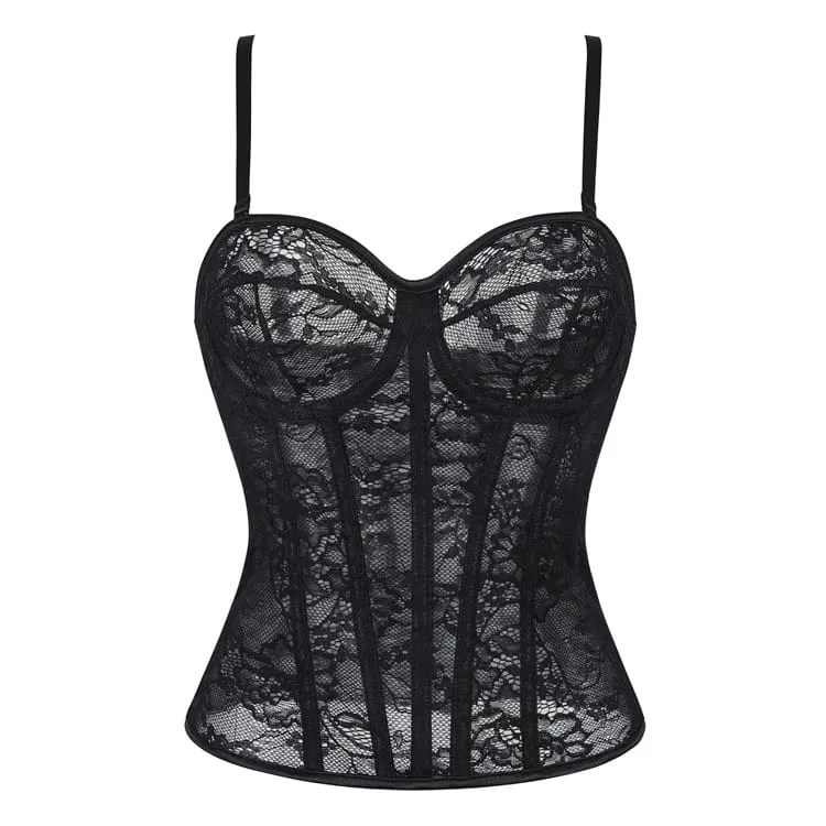 Gothic-Korsett für Damen mit Blumenmuster, Mesh-Einsatz und Schnürung über der Brust
