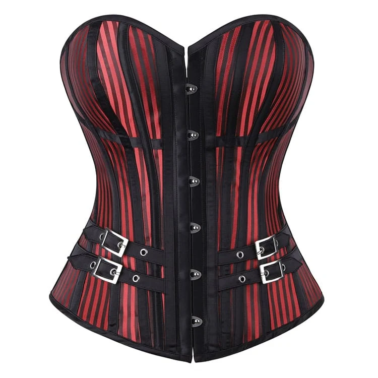 Gothic-Korsett für Damen mit Streifen, Schnallenriemen und Überbrustverschluss vorne