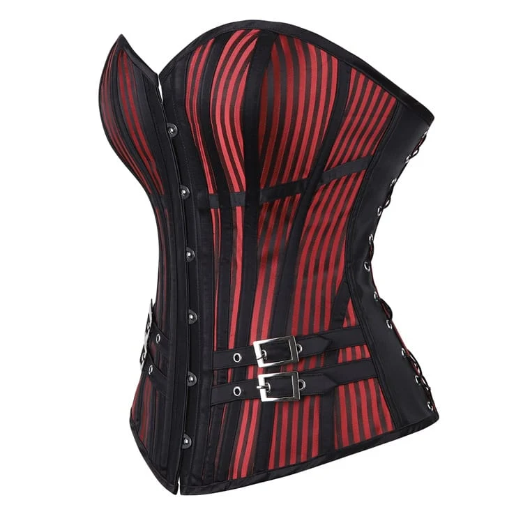 Gothic-Korsett für Damen mit Streifen, Schnallenriemen und Überbrustverschluss vorne