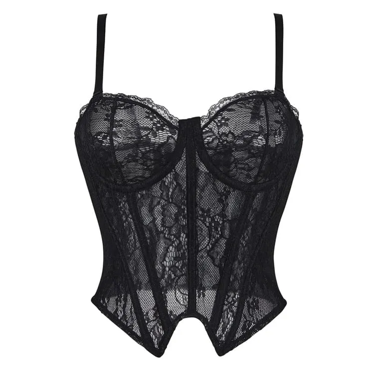 Gothic-Schnürkorsett für Damen mit floralem Mesh-Einsatz und transparentem Überbrustbereich