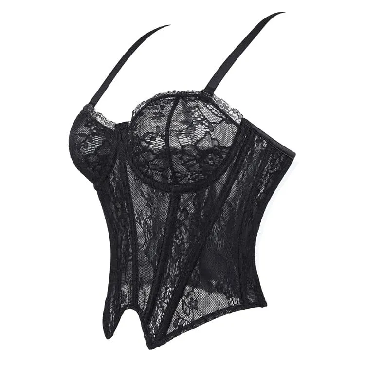Gothic-Schnürkorsett für Damen mit floralem Mesh-Einsatz und transparentem Überbrustbereich