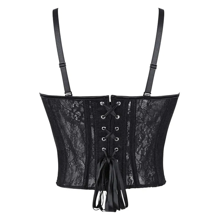 Gothic-Schnürkorsett für Damen mit floralem Mesh-Einsatz und transparentem Überbrustbereich