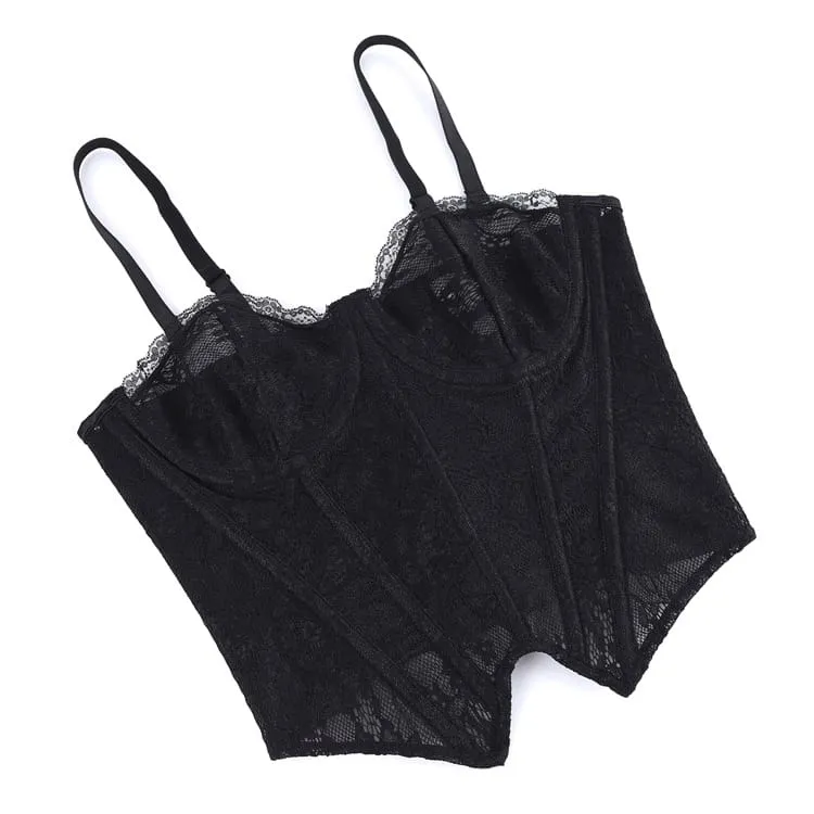 Gothic-Schnürkorsett für Damen mit floralem Mesh-Einsatz und transparentem Überbrustbereich
