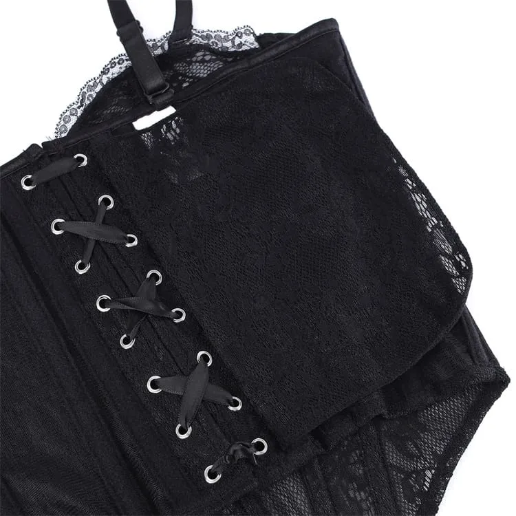 Gothic-Schnürkorsett für Damen mit floralem Mesh-Einsatz und transparentem Überbrustbereich