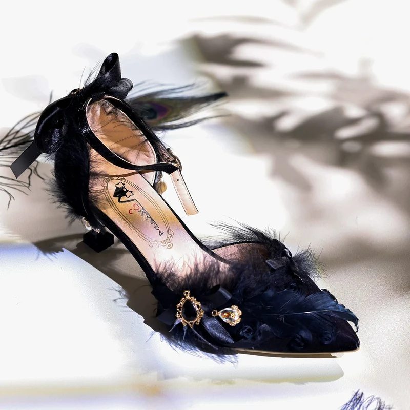 Gothic-Stilettos mit Feder und Schleife für Damen, Knöchelriemen