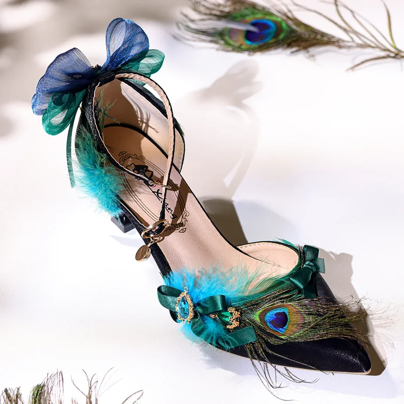 Gothic-Stilettos mit Feder und Schleife für Damen, Knöchelriemen