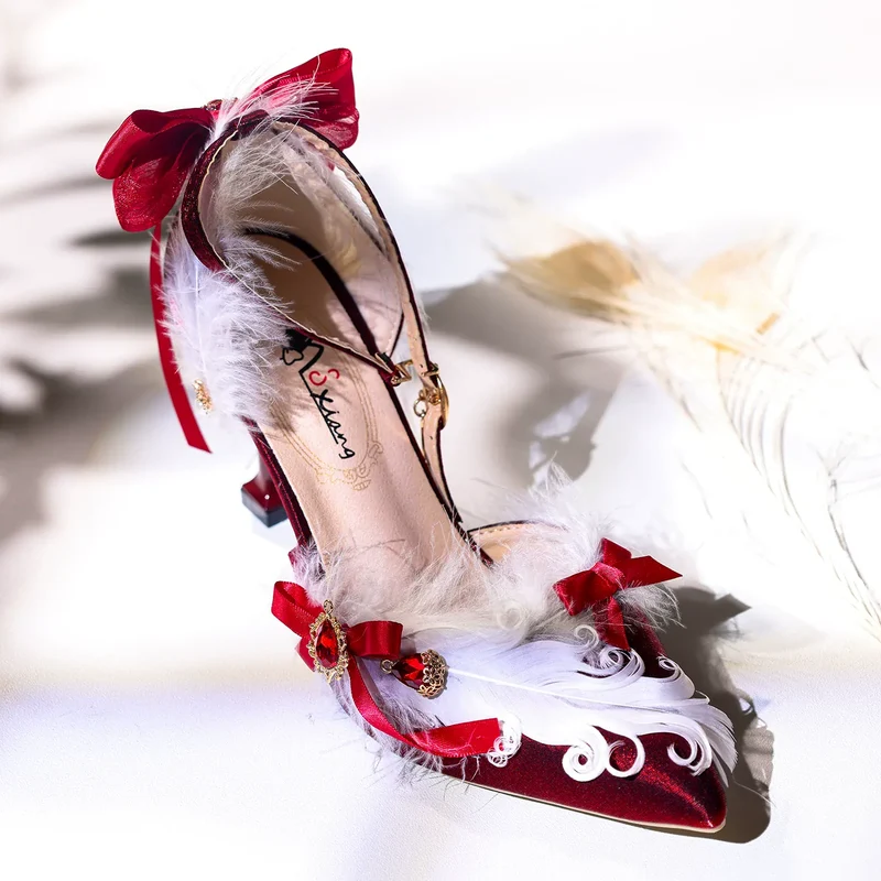 Gothic-Stilettos mit Feder und Schleife für Damen, Knöchelriemen