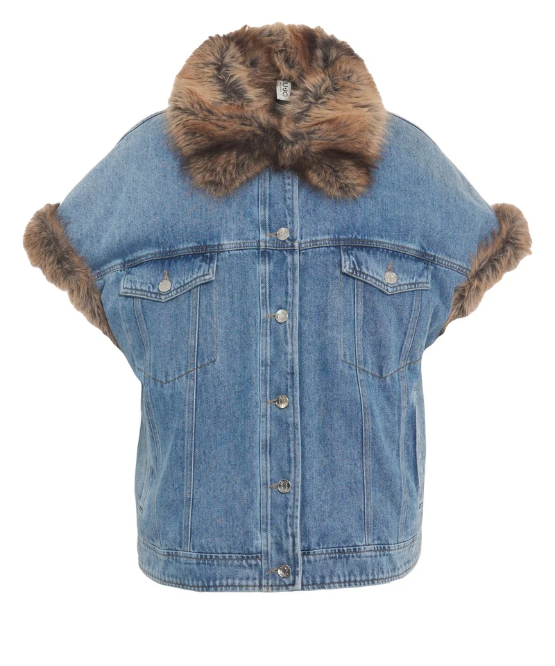 Gilet in denim con collo in pelliccia sintetica