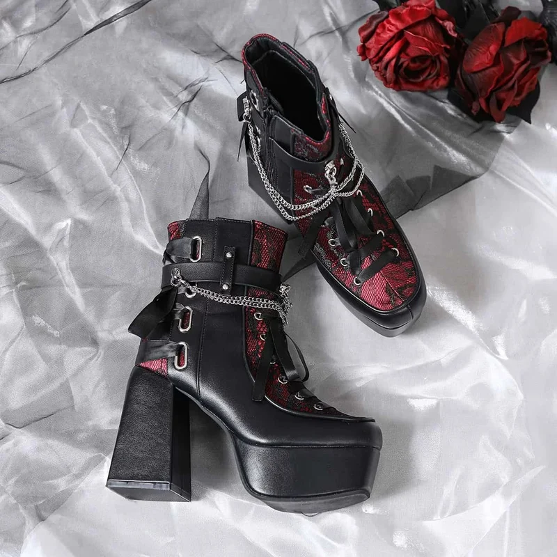Gothic-Schnürstiefeletten für Damen mit Kettenreißverschluss und Plateau