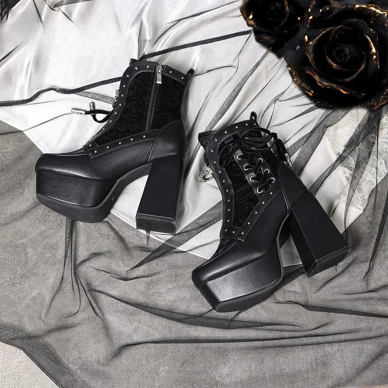 Gothic-Ankle-Boots für Damen mit Nieten, Schnürung, Reißverschluss und Plateau