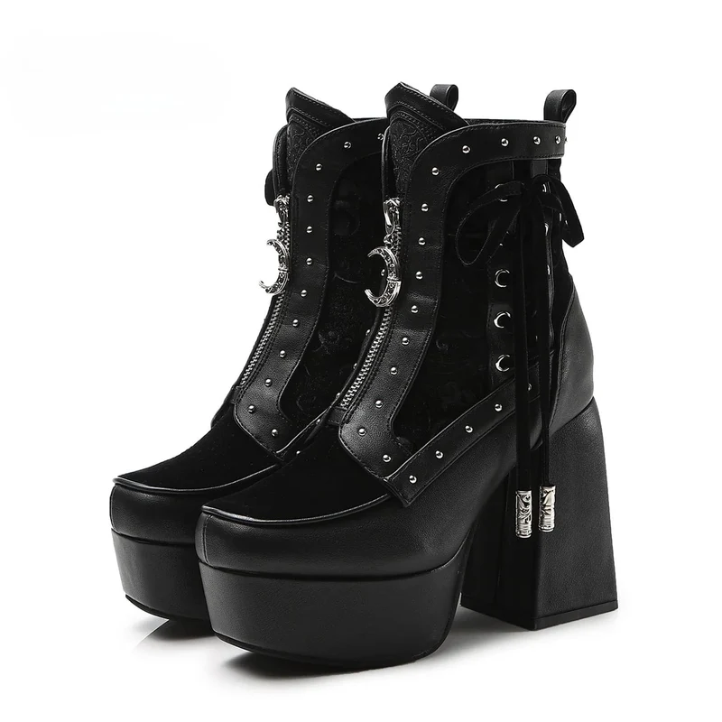 Gothic-Ankle-Boots für Damen mit Nieten, Schnürung, Reißverschluss und Plateau
