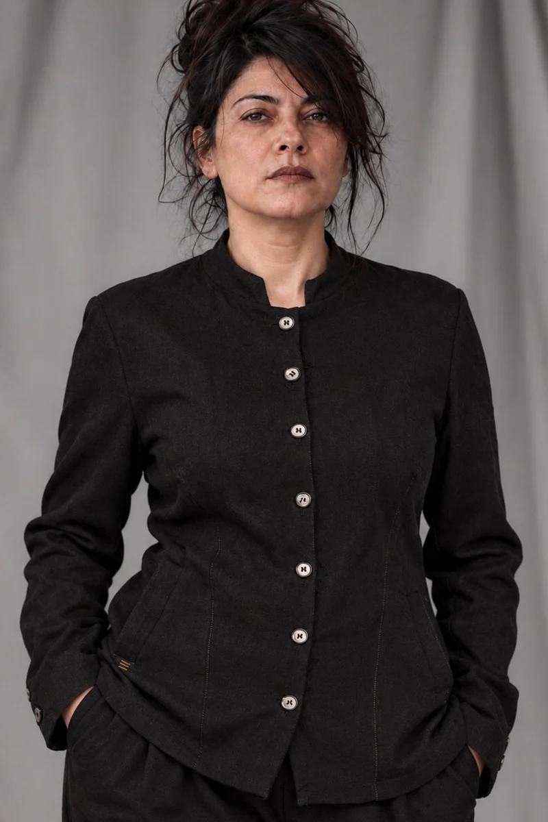 eigensinnig wien | Sontag | Unkonventionelle schwarze Designer-Damenjacke mit Stehkragen aus italienischer Wolle