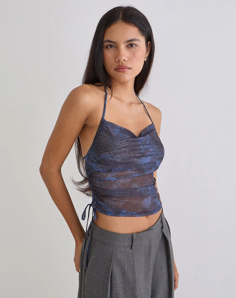 Xiomara Neckholder-Top in Mitternachtsblau mit Paisley-Muster