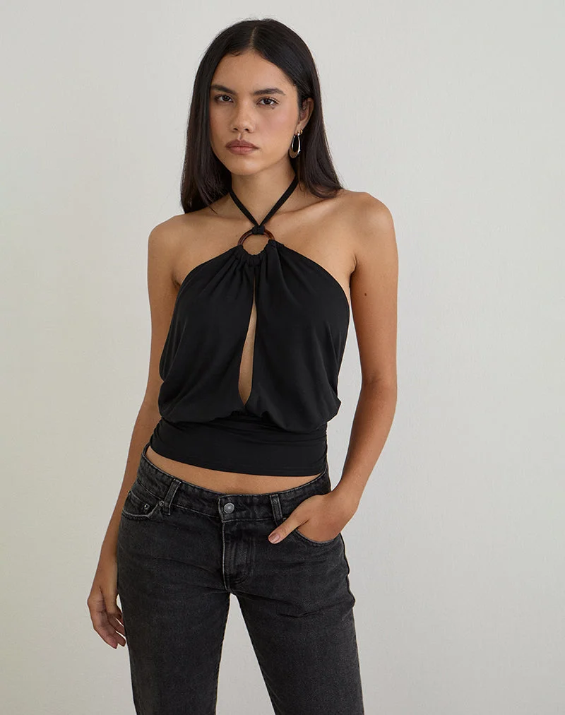 Karise Tiefes Top aus Cupro Schwarz