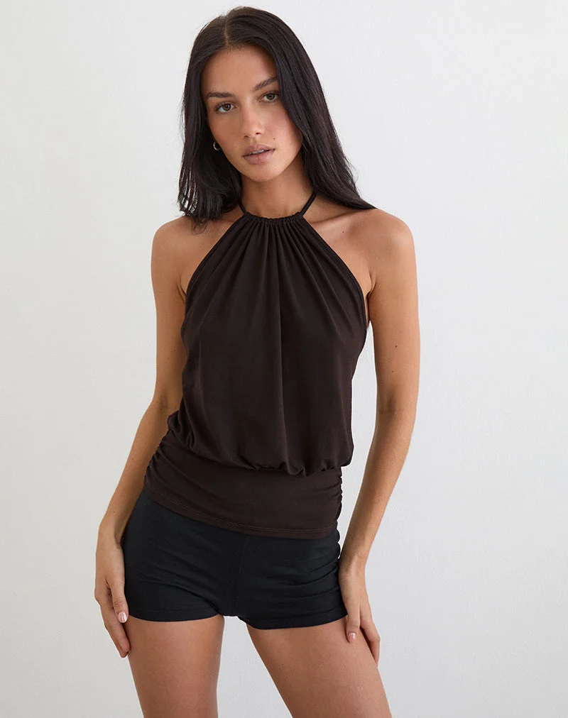 Diraka High Neck Top aus Rayon-Jersey in Schokoladenbraun