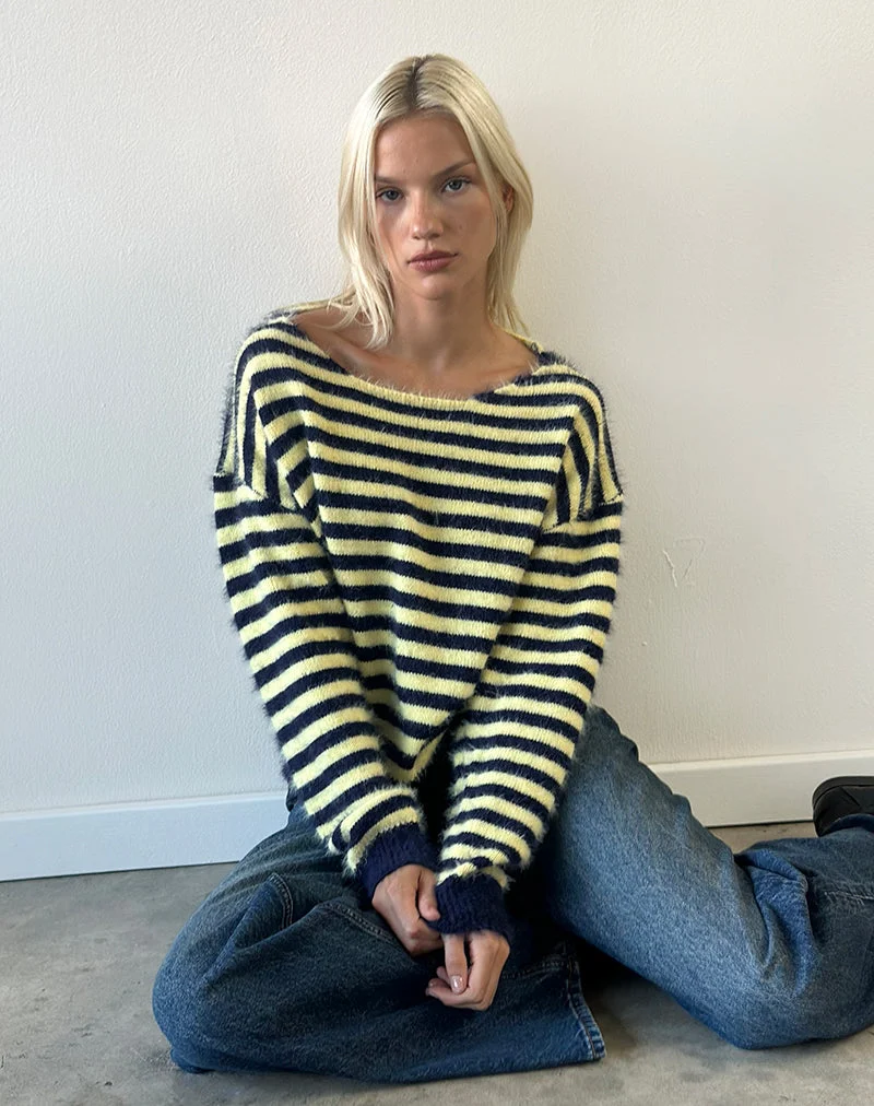 Zalo-Pullover aus gestreiftem Strick in Gelb und Marineblau