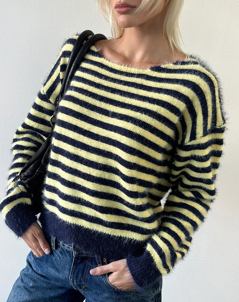 Zalo-Pullover aus gestreiftem Strick in Gelb und Marineblau