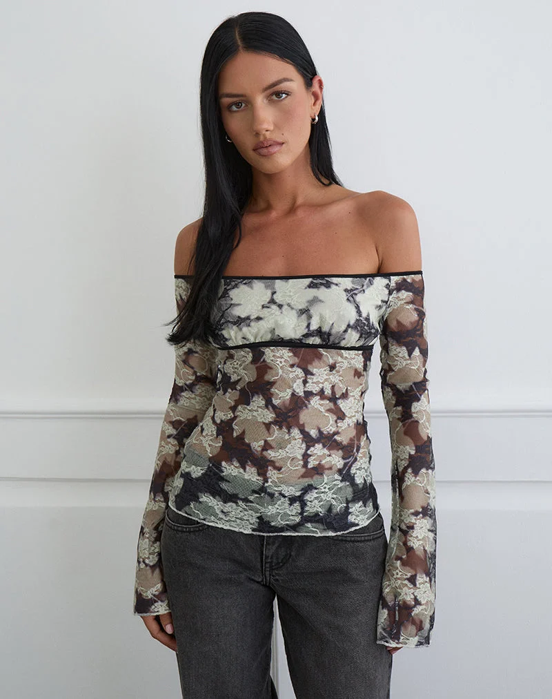 Laluna Top in Silhouette Leaf Elfenbein Schwarz