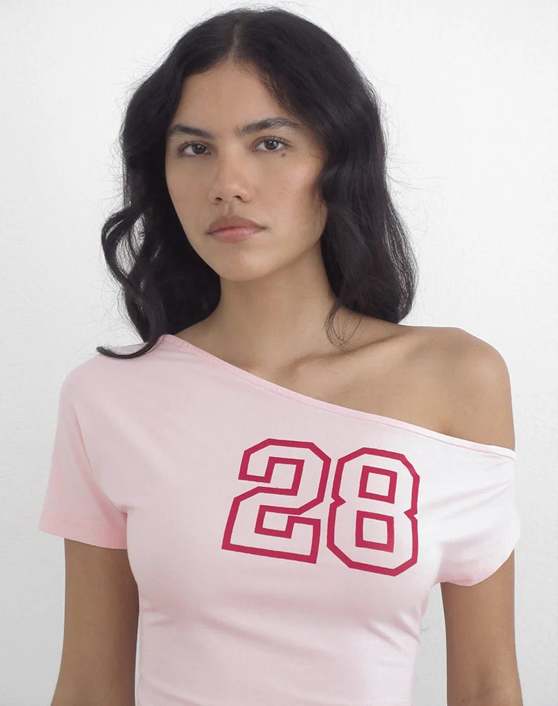 Danama One-Shoulder-Top aus Rayon-Jersey in Hellrosa mit „28”-Grafik