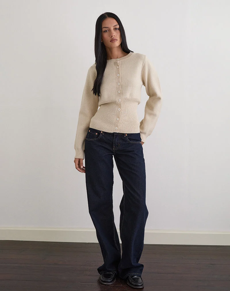 Subra Langärmelige Strickjacke mit geripptem Saum in Elfenbein