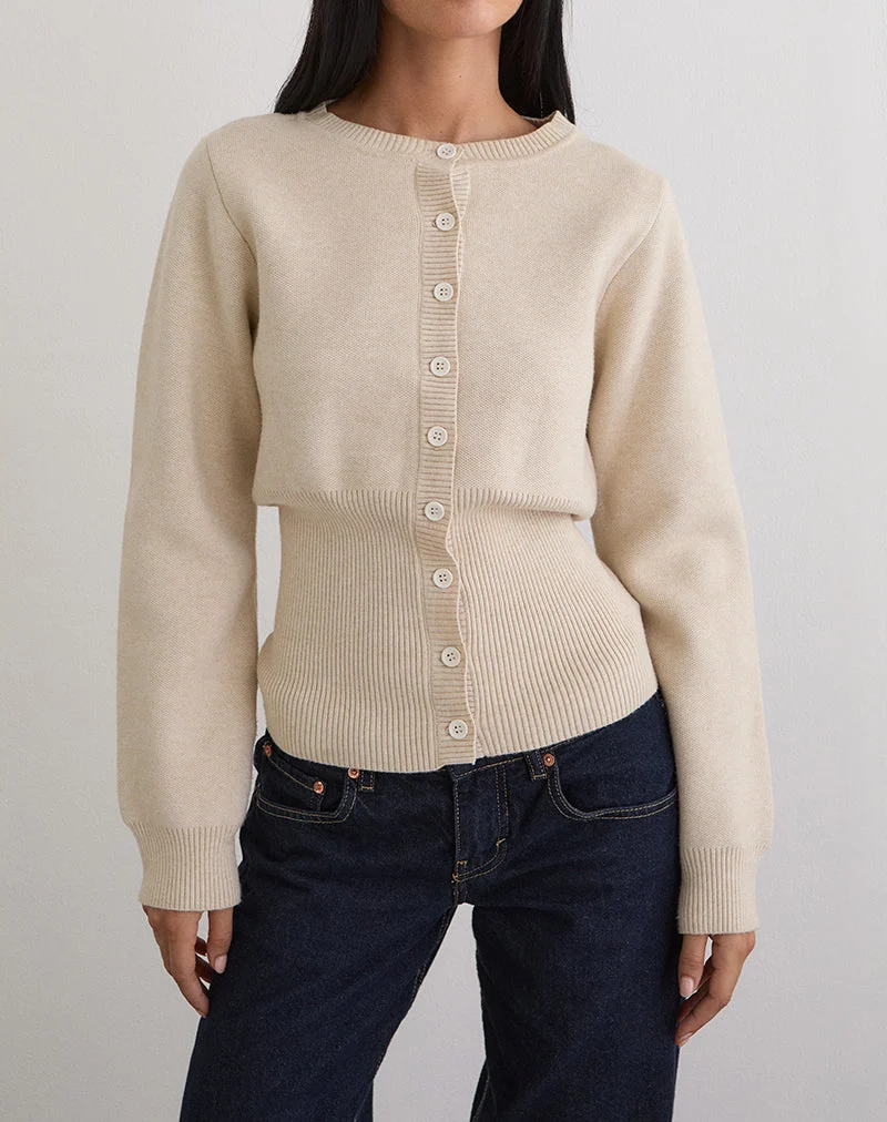 Subra Langärmelige Strickjacke mit geripptem Saum in Elfenbein