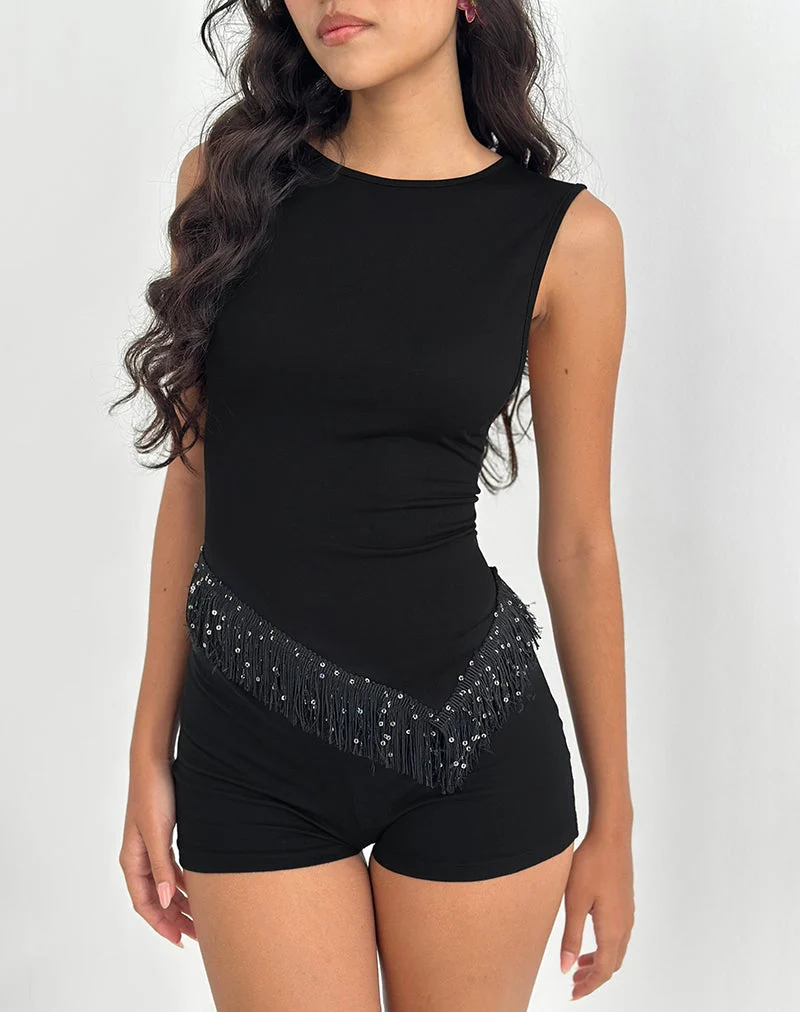 Dusya Top mit Fransenbesatz aus Cupro Schwarz