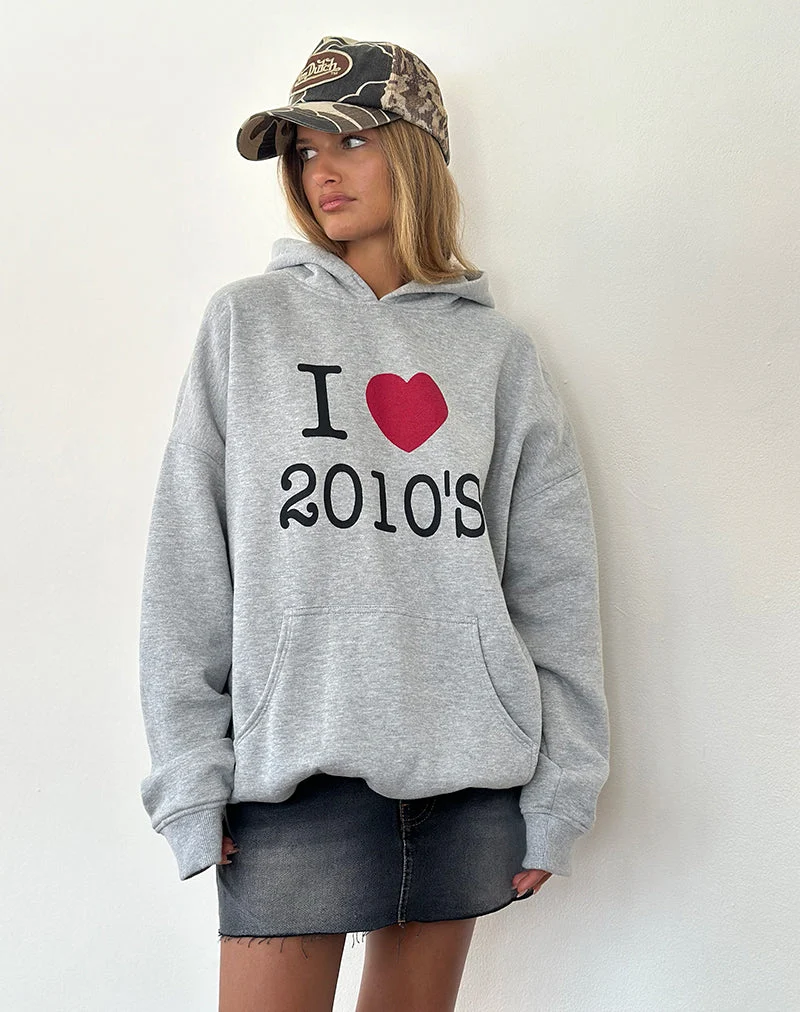 Übergroßer Kapuzenpullover in Grau meliert mit I Love 2010's Print