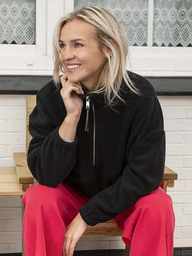 Half-Zip FRIDA – weicher Baumwoll-Fleecepullover in Schwarz