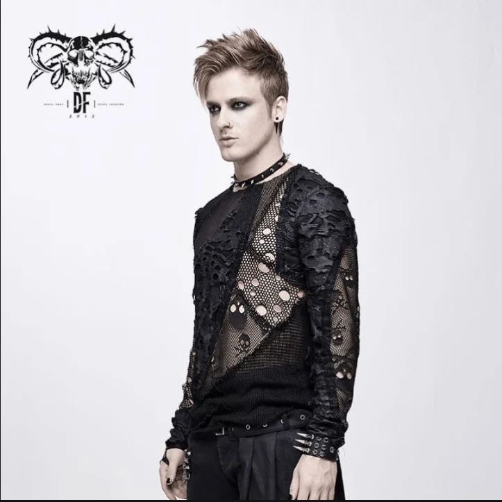 Herren Punk Skull Ripped Langarmshirts
