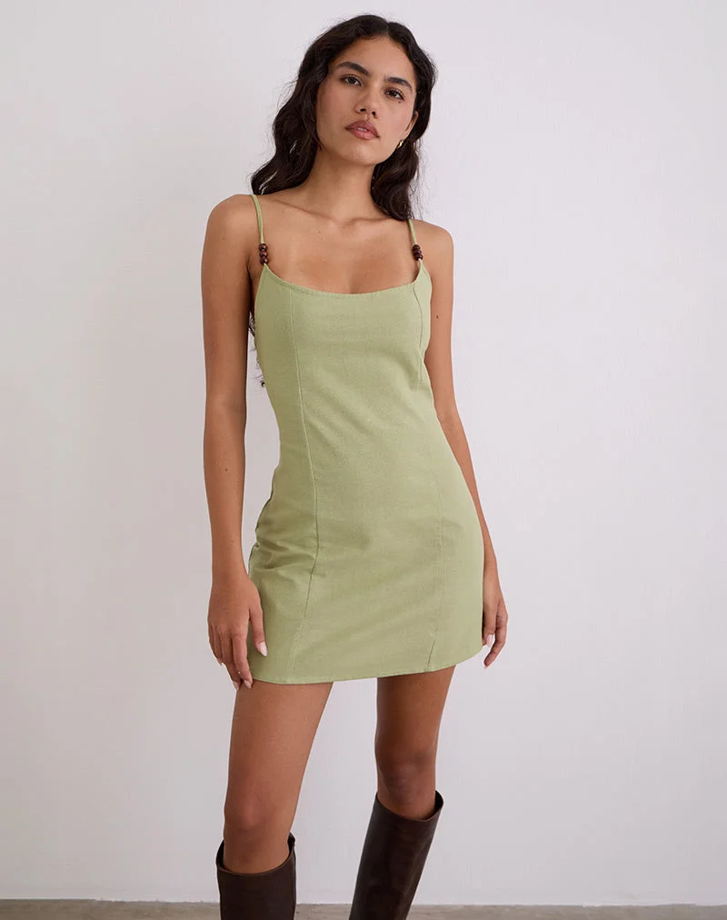 Ambra Scoop Minikleid aus Leinen in Salbeigrün