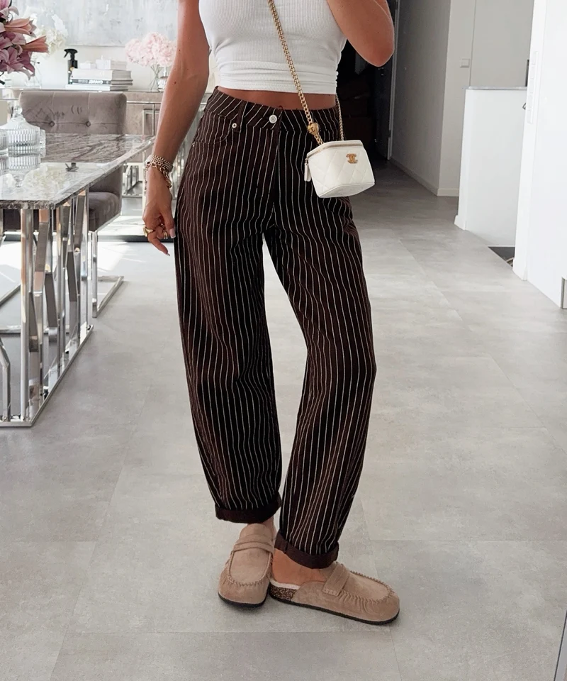 Stretch Mom Jeans Nadira Stripes Braun