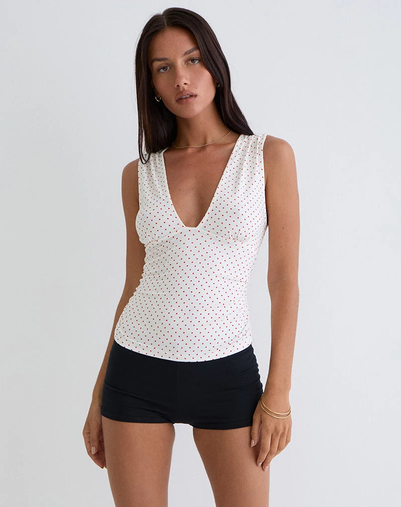 Lycia Top in Weiß mit rotem Mikro-Polka-Druck