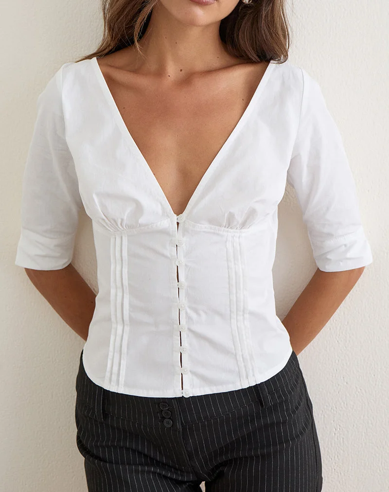 Lailas Bluse mit viertellangen Ärmeln aus weißem Popeline