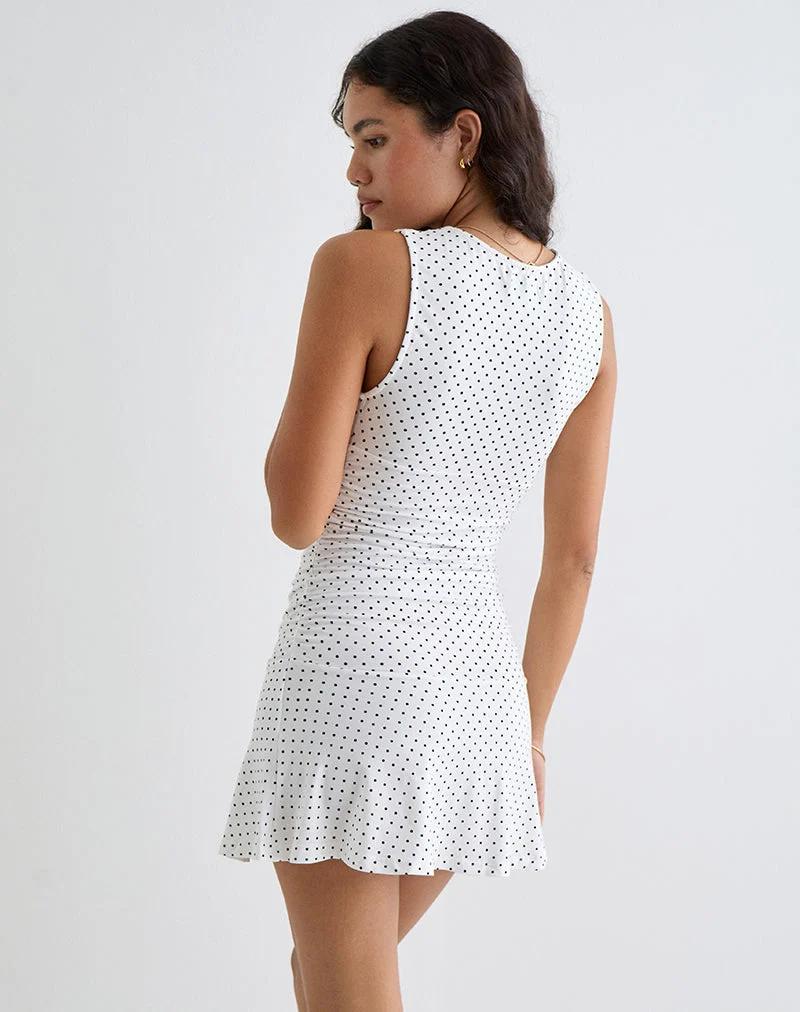 Luscian Plunge Mini Dress in Weiß mit Micro Polka Schwarz