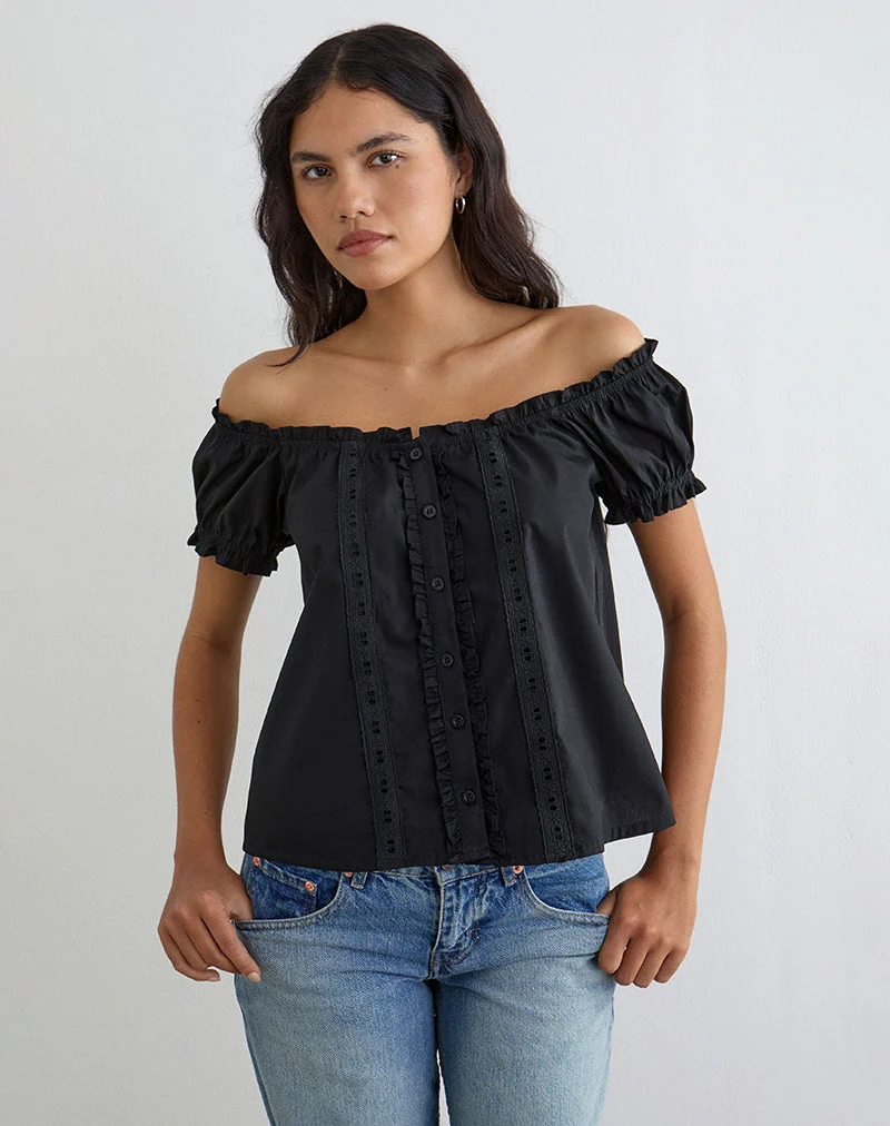 Tempest Bardot Oberteil mit Puffärmeln aus Popeline, schwarz