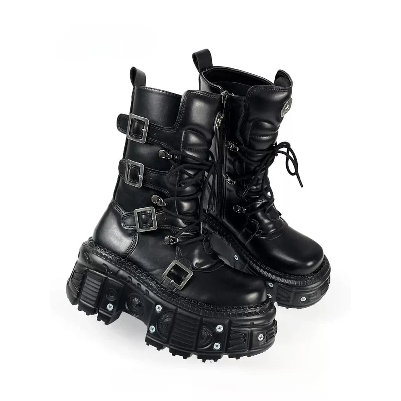 Punk-Stiefeletten für Damen mit mehreren Schnallenriemen, seitlichem Reißverschluss und Plateauabsatz