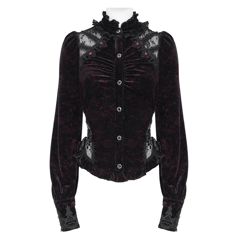 Gothic-Bluse aus Samt für Damen mit Schnürung und langen Ärmeln