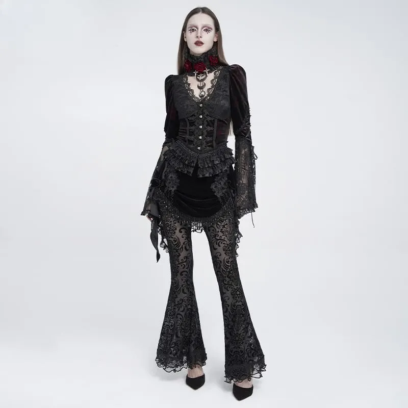 Gothic-Samtrock für Damen mit Blumenmuster, Perlenfransen und Bändern