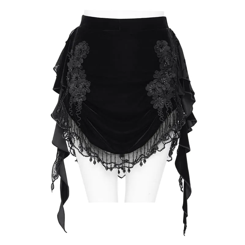 Gothic-Samtrock für Damen mit Blumenmuster, Perlenfransen und Bändern