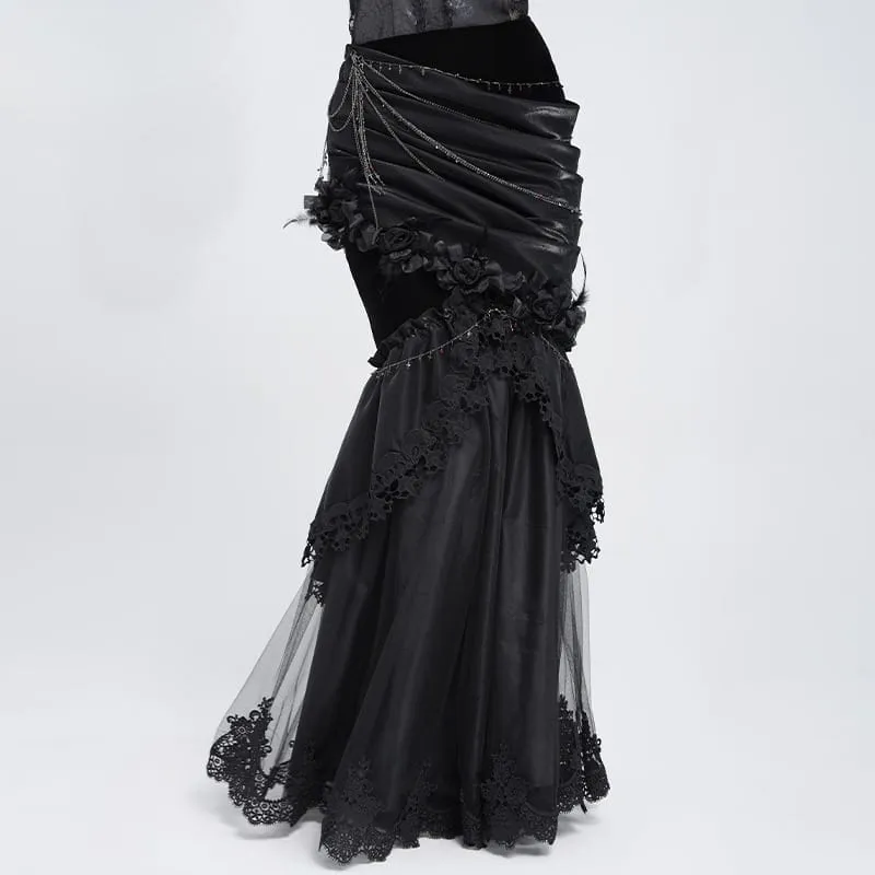 Gothic-Rock mit Rosenkette, asymmetrischem Faltenrock im Meerjungfrauenstil für Damen